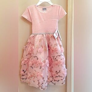 NWT BlueBeri Pink Layered dress, silver/gold accents, rows of flowers